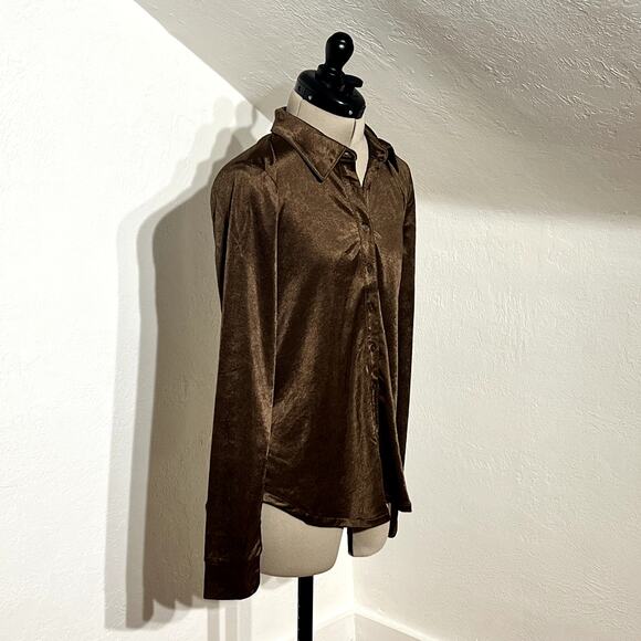 GAP Brown Satin Button Down Blouse | Size Small | Shiny Dressy Top - Picture 2 of 7